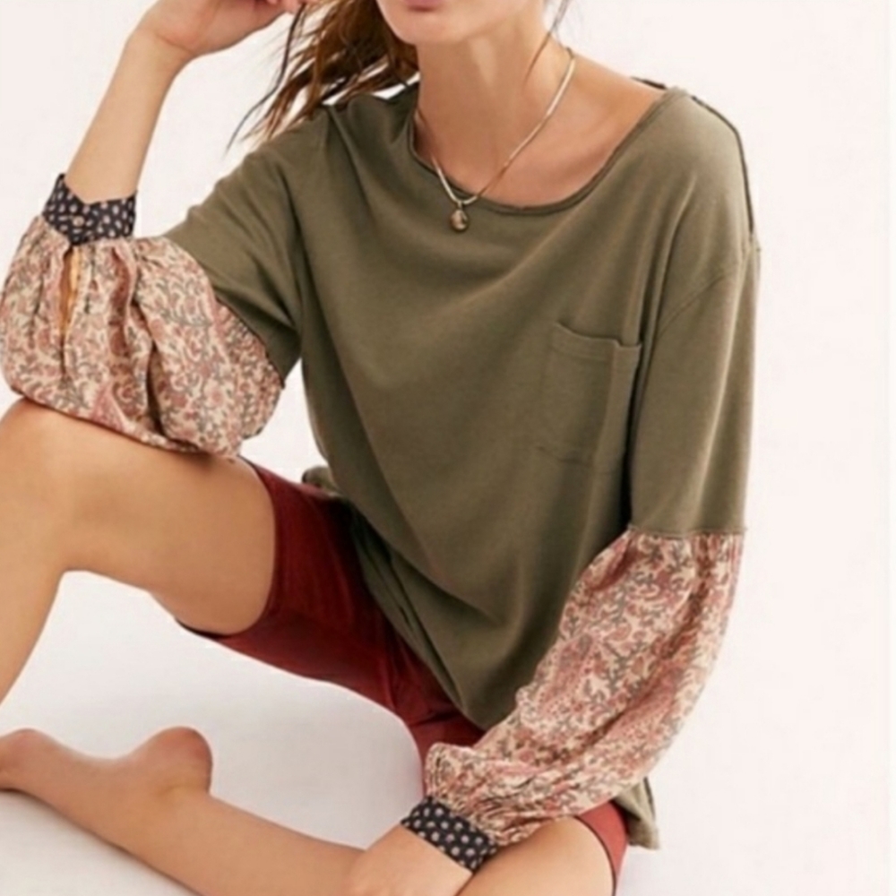 Free People Army Green Paisley Priny Mixed Media Long Sleeve Shirt Medium - Picture 2 of 10